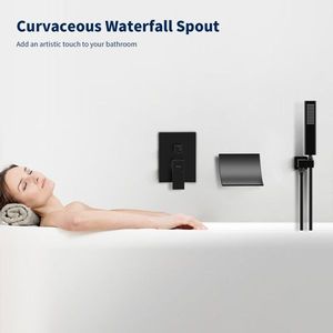 Rubinetto da vasca a parete NPT nero opaco ad alta portata con soffione doccia a cascata e design rettangolare a comando singolo - Product Image 4