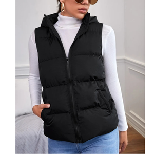 Gilet matelassé noir à capuche sans manches pour femme, avec fermeture éclair, vêtement d'extérieur d'hiver, couleur unie - Product Image 1