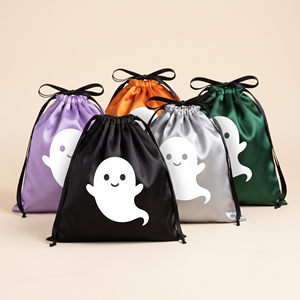 Bolsa negra con cordón para Halloween con estampado de fantasma blanco, bolsa de satén reutilizable para regalos promocionales, bolsa protectora para todo tipo de estaciones - Product Image 3