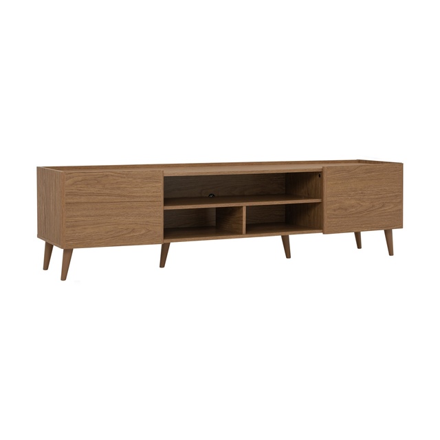 Modern Teak Wood TV Cabinet Media Console with Double Storage Open Doors Floor Mount for 65 in and up Living Room