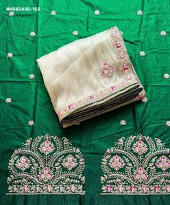 Sari de satén Gabhana para uso ocasional con bordado multihilo y cordón, diseño Butta y borde, y blusa con bordado de cordón para mujer. - Product Image 6