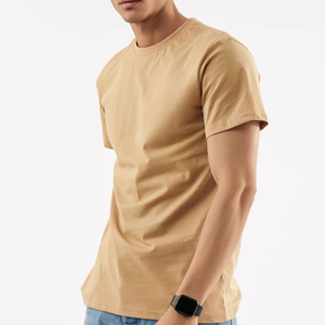 T-shirt classique beige pour homme, manches courtes, coupe ajustée, couleur unie, décontracté, en jersey de coton tricoté - Product Image 2