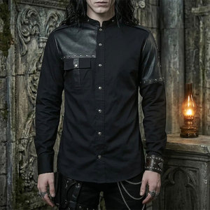 Gothic Shirt <b>Men</b> Black Leather Panel <b>Studded</b> Snap Button Top Steampunk Dark <b>Mens</b> Goth Punk Collared Shirts - Product Image 1