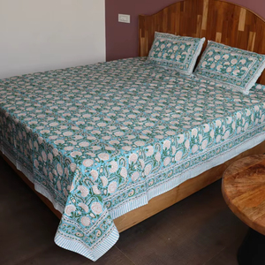 Indian Hand Block Print Bedsheet <b>Set</b> Cotton Cambric <b>Bedspread</b> Floral Bedding with Pillow Covers Ethnic Home Decor - Product Image 1