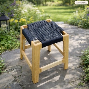 Tabouret moderne en bois noir avec pieds en bois et corde tressée, repose-pieds fait main style ferme pour salon et maison - Product Image 1