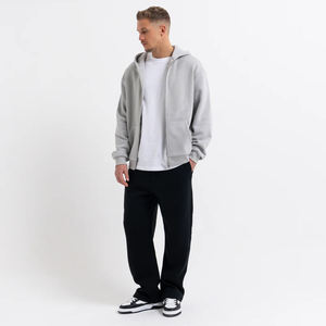 Sweat-shirt à capuche surdimensionné en coton gris uni pour homme, avec fermeture éclair et poches, coupe classique, tricoté, idéal pour l'automne - Product Image 2