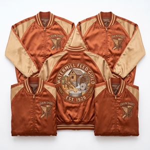 Blouson Bomber en Satin Marron Blanc Cassé avec Fermeture Éclair et Manches Raglan, Broderie Graphique Agricole sur le Dos, Style Varsity – Fournisseur de Marque - Product Image 6