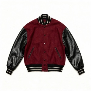 Veste varsity pour homme en laine marron avec manches en simili cuir noir, vêtement décontracté rétro à boutons pression, veste bomber avec poches - Product Image 1