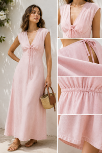 Vestido Maxi Rosa de Lino y Algodón con Cuello en V Profundo, Sin Mangas, Estilo Bohemio, con Volantes, Corte en A, Cintura Natural, Ligero, Asimétrico por Delante, para Uso Casual - Product Image 6
