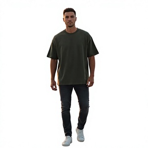 T-shirt en jersey 100 % coton vert olive pour homme, manches courtes, col rond, coupe ample, couleur unie, anti-boulochage - Product Image 5