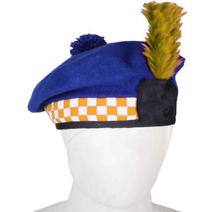 หมวกทรงบัลมอรัลขนสัตว์แท้สีน้ำเงินทอง  แบบสก็อตติชคิลท์  ประดับพู่ขนนก  รับทำโลโก้ตามสั่ง  OEM ODM - Product Image 2