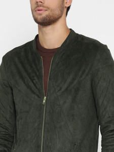 <b>Men's</b> Dark Green <b>Suede</b> Bomber <b>Jacket</b> Collarless Zipper Closure Casual Style Autumn Wear Regular Fit Solid Color - Product Image 3