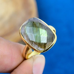 Handmade Natural <b>Labradorite</b> Cushion Shape Gemstone <b>Ring</b> 8K Gold Micron925 Sterling Silver <b>Ring</b> - Product Image 1
