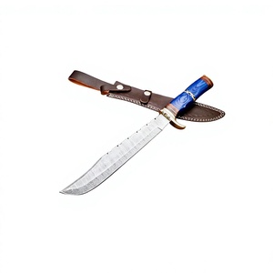 Cuchillo de Caza PAK ENTERPRISES de Acero de Damasco de Grado Industrial Premium, Mango de Resina Azul, Funda de Cuero, Supervivencia al Aire Libre - Product Image 5