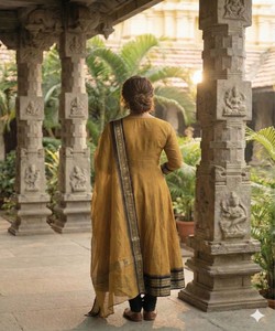 ชุดเดรสผ้าฝ้ายลายแจ็คการ์ดปักลายลูกไม้แบบดั้งเดิม พร้อมผ้าคลุมไหล่ สำหรับงานเทศกาล ราคาขายส่ง เสื้อผ้าชาติพันธุ์ สีเหลือง - Product Image 3