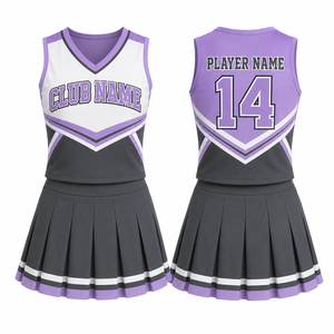 Ensemble d'uniformes de cheerleading personnalisés, violet, gris, blanc, haut sans manches, jupe plissée, impression par sublimation, nom du club, numéro 14, taille adulte - Product Image 1