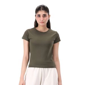 Camiseta de Manga Corta para Mujer, Color Verde Oliva, Cuello Redondo, Ajustada, Informal, Básica, Lisa, de Color Sólido, para Uso Diario, Personalizable, al por Mayor - Product Image 1