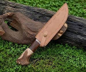Cuchillo de Hoja Fija de Acero de Damasco Hecho a Mano con Punta Caída, Mango de Madera, Funda de Cuero, para Caza, Supervivencia al Aire Libre, Bricolaje, Grado DIY, 12 Pulgadas - Product Image 4