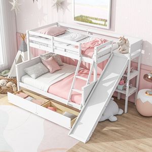 Letto a Castello Grigio con Letto Singolo Sopra e Letto Matrimoniale, 2 Cassetti e Scaffali Scorrevoli, Scala, in Legno di Gomma per Bambini - Product Image 2