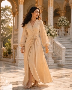 Robe longue d'été en lin bohème faite à la main, unie, col en V, manches lanternes, avec un élégant design drapé dos nu, idéale pour les vacances à la plage - Product Image 5