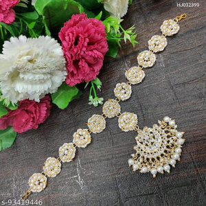 JeweleMarket Gold Plated Ethnic Zinc Alloy Kundan Pearl Sheeshphool <b>Headband</b>-Lightweight Adjustable Jewelry Gift for Women-Party - Product Image 1