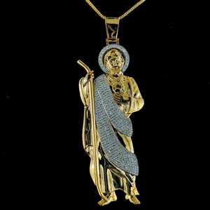 18K Gold Plated Saint Pendant <b>Necklace</b> With Cubic Zirconia Pave Setting Religious Alloy Jewelry For Men Women Everyday Wear - Product Image 5