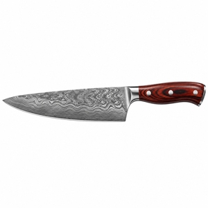 Couteau de cuisine professionnel en acier Damas, fait main, à motif, avec une prise confortable pour une utilisation culinaire. - Product Image 1