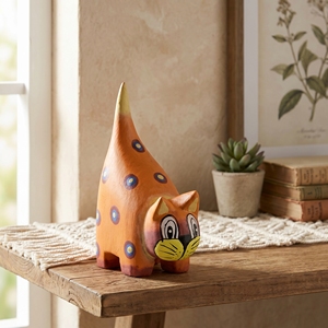 Figura de Cola de Gato Hecha a Mano en Madera de Albizia Naranja, Estatua de Animal Pintada a Mano, Decoración Rústica para el Hogar, Adorno de Jardín, Regalo - Product Image 3