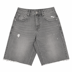 Shorts en jean déchirés à taille haute pour homme, coupe droite, style décontracté d'été, en coton gris - Product Image 4