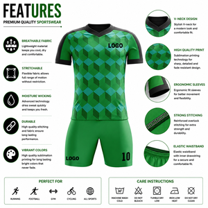 Ensemble maillot et short de football à motif géométrique vert, imprimé par sublimation, en polyester anti-humidité, col en V, manches courtes, pour homme, athlétique - Product Image 5