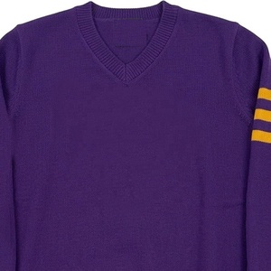 Pull en tricot pour homme à col en V violet avec rayures jaunes, taille personnalisée, logo, manches longues, couleur unie, vêtement d'automne - Product Image 4