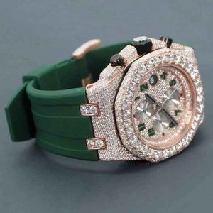 Luxury Moissanite Iced Out Chronograph <b>Watch</b> Rose Gold <b>Case</b> Green Rubber Strap Fully Flooded Dial Mens Statement Jewelry - Product Image 6