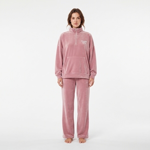 Conjunto Deportivo de Felpa Rosa para Mujer, Sudadera con Cierre de Media Cremallera y Bolsillo, Pantalones Holgados, Ropa de Casa para Invierno, Color Sólido, Estilo Casual - Product Image 1