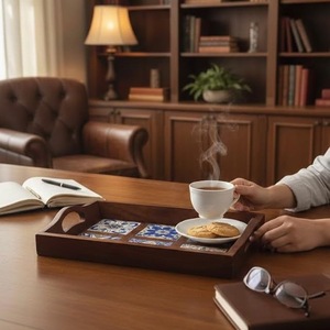 Bandeja de Servir de Madera Hecha a Mano con Incrustaciones de Azulejos de Cerámica Azul, Bandeja Decorativa para Té y Café - Product Image 4