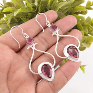 Pendientes colgantes de rodolita rosa hechos a mano en plata de ley 925, diseño minimalista para mujeres y niñas, pendientes para fiestas. - Product Image 1