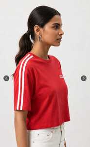 Oneten Apparels Women Red Short Sleeve T Shirt Crew Neck Sporty <b>Top</b> With <b>White</b> Side Stripes - Product Image 2