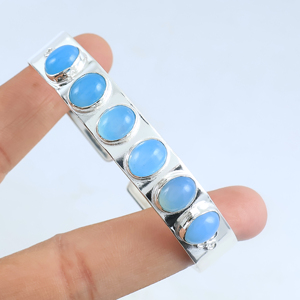 Best Selling Handmade 925 Sterling Silver Natural Chalcedony Gemstone Multi <b>Stone</b> Oval Cabochon Statement Cuff Bangle <b>Bracelet</b> - Product Image 4