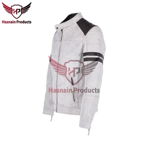 Chaqueta de Cuero Genuino Blanca para Hombre con Parches Negros en Contraste, Estilo Biker, Motociclista, Cafe Racer, de Piel de Vacuno, con Hombros Acolchados, Personalizada, para Invierno - Product Image 2