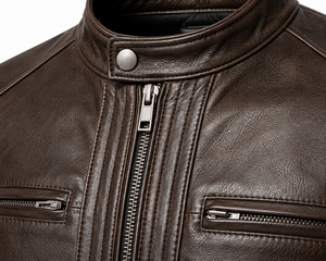 Veste de motard en cuir véritable marron pour homme, col montant, fermeture éclair, coupe classique, pour l'automne - Product Image 6