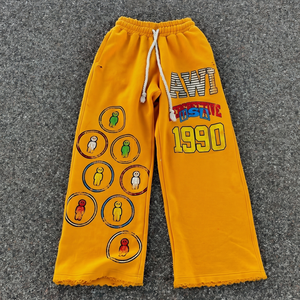 Pantalon de survêtement jaune pour homme, taille élastique avec cordon de serrage, style décontracté streetwear, en coton mi-lourd, imprimé motif devant, coupe droite - Product Image 1