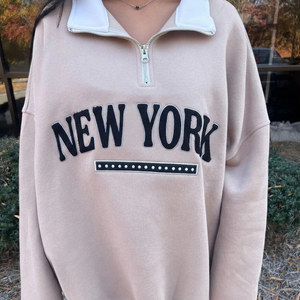 Sudadera de invierno cómoda y holgada de dos tonos con media cremallera y mangas largas con hombros caídos para mujer, con logotipo personalizado al por mayor - Product Image 1