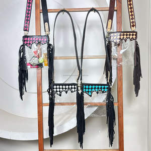 2026 Wholesale Transparent Tooled Pink & Black Checkered Leather Clear Fringe Handbag New Fashion Leather Crossbody Shoulder <b>Bag</b> - Product Image 5