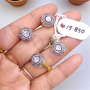 Round Shape Polki Diamond Earring Pendant & Ring Fine Jewelry Set Handmade Gold Plated 925 Sterling Silver Jewelry Set Wholesale - Product Image 3