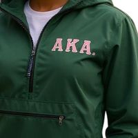 Veste coupe-vent légère et décontractée pour femme, vert foncé, pliable, à capuche, avec patch lettre rose, demi-zip, pour l'extérieur