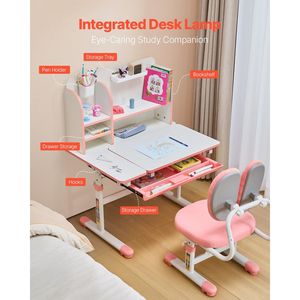 ชุดเฟอร์นิเจอร์สำหรับเด็กเก้าอี้อ่านหนังสือโต๊ะและลิ้นชักปรับระดับได้สีชมพู - Product Image 5
