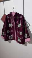 Boléro en velours 100% coton brodé à la main avec motif floral, col montant, style bohème Suzani, motif oiseau, respirant pour l'hiver