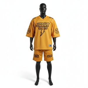 ชุดเสื้อฟุตบอลชาย กางเกงขาสั้น ผ้าโพลีเอสเตอร์ตาข่าย ระบายอากาศได้ดี 180 GSM สีทอง พิมพ์ลายโลโก้ตามสั่ง ชุดขาสั้นสำหรับผู้ชาย - Product Image 6