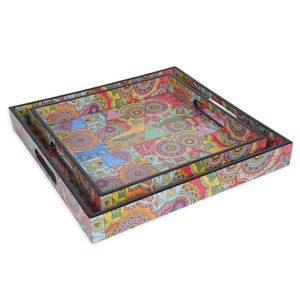 Multi Color Floral Design <b>Square</b> Trays with Handles for Serving Snacks for Home and Kitchen and <b>Dinning</b> Purpose Usage Available - Product Image 2