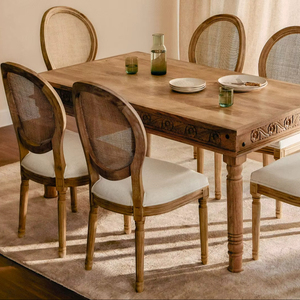 Luxury Handcrafted <b>Solid</b> <b>Wood</b> 6 Seater Dining <b>Table</b> Set Ornate Floral Carving Natural Finish Cane - Product Image 1
