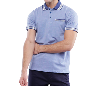 Chemise Homme Bleue en Coton Tricoté avec Col Contrastant et Poche, Manches Courtes Élégantes, Respirante, Décontractée, Couleur Unie pour le Haut - Product Image 2